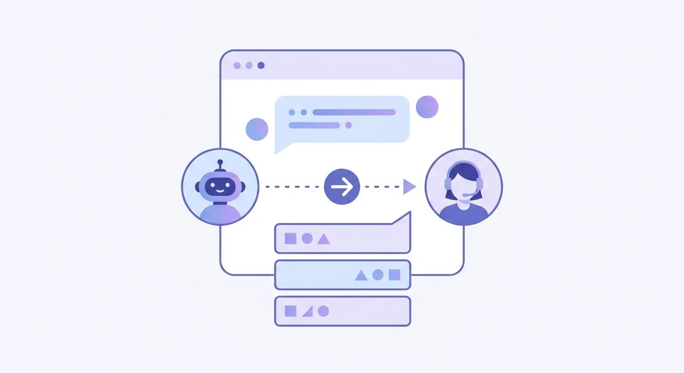 A clean, modern dashboard showing an AI chatbot transferring a customer conversation to a live support agent with full chat history visible